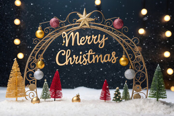 Festive Merry Christmas Archway Display with Miniature Trees and Ornaments in Snow holiday decoration isolated on a transparent background