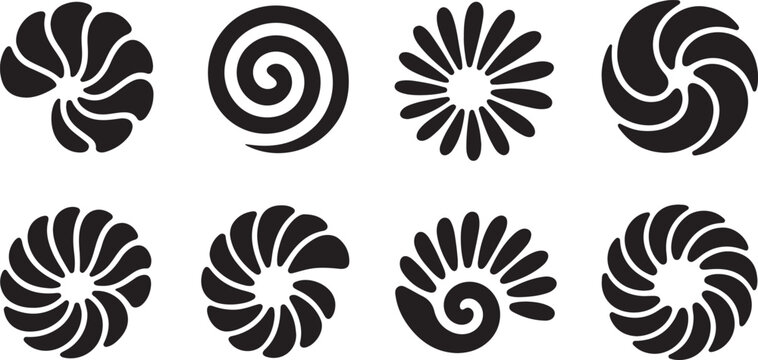 Eight black abstract spiral and swirl graphic icons on a white background vortex shape