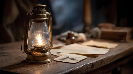 old oil lamp on wooden table