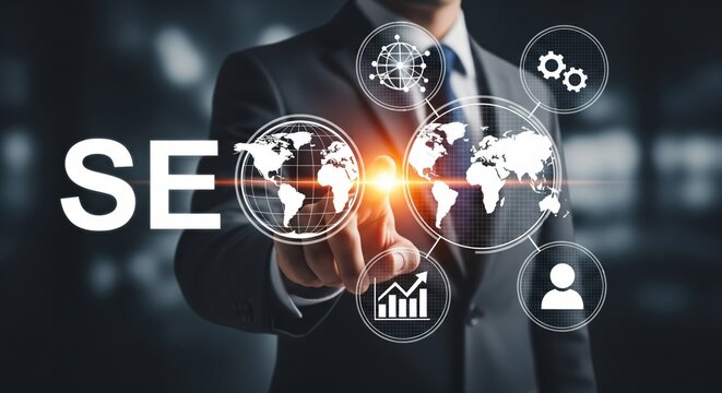 Businessman pointing SEO hologram with glowing globe and digital marketing icons