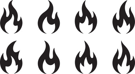Eight Black Flame Icons on White Background fire symbol