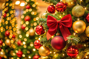 Festive Red Bow and Ornaments Adorn a Decorated Christmas Tree with Bokeh Lights decoration bauble isolated on a transparent background