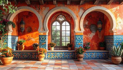 Beautifully designed outdoor space featuring ornate arches, vibrant orange walls with textured details, and elegant lantern lights.