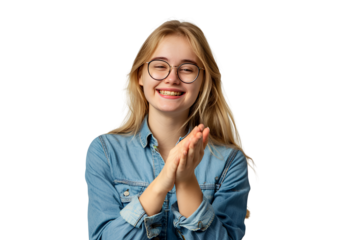 portrait of a beautiful woman in a blue shirt and glasses, clapping her hands, isolated on a transparent background.