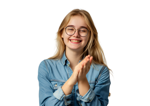 portrait of a beautiful woman in a blue shirt and glasses, clapping her hands, isolated on a transparent background.