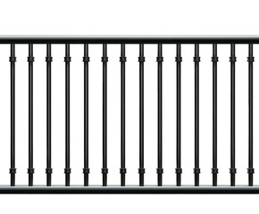 Black metal railing with vertical balusters and decorative accents, isolated on transparent background
