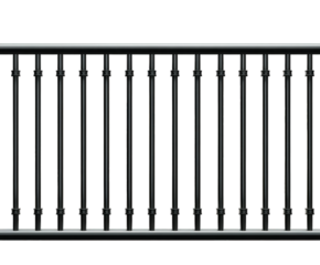 Black metal railing with vertical balusters and decorative accents, isolated on transparent background