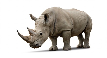 Obraz premium Poderoso rinoceronte blanco de cuerpo robusto aislado en estudio. La luz brillante destaca su piel fuerte y detalles texturizados.