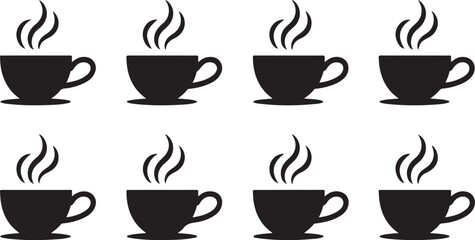 Obraz premium Eight black silhouette icons of steaming coffee cups and saucers in two rows on a white background hot drink