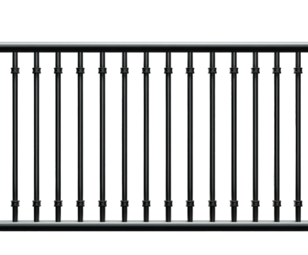Black metal railing with vertical balusters and decorative accents, isolated on transparent background