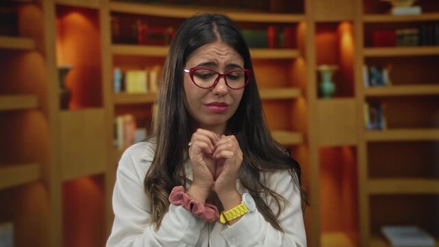 Young woman clasping hands and looking upward amid rows of shelves in brightly lit building; anxiety.