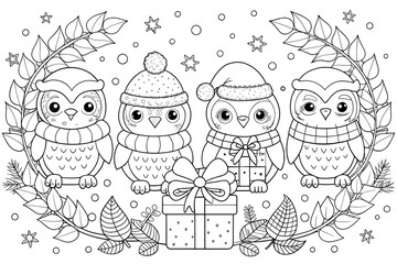 Four Cute Cartoon Owls Wearing Winter Hats and Scarves with a Gift Box graphic design isolated on a transparent background