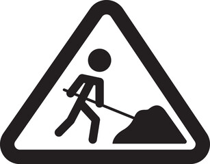 Black and white construction work warning sign with worker digging symbol inside a triangular frame, isolated vector icon for safety and caution design.