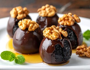 Chocolate-covered plums topped with walnuts