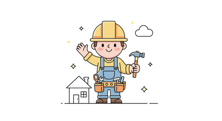 Friendly Construction Worker Character Illustration with Tools and House Icon, a Symbol for Building, Home Repair, and Development Services