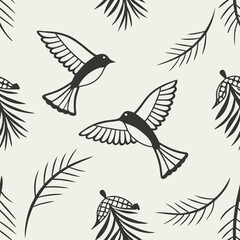 Obraz premium Seamless Nature Pattern: An enchanting pattern features birds gracefully soaring amidst delicate branches and pine cones, seamlessly blending the beauty of nature.