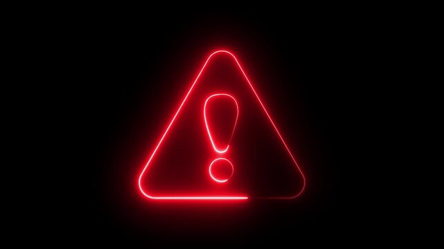 Neon warning attention icon animation glowing neon red color danger risk alert neon error stop signal problem sign symbol with black background