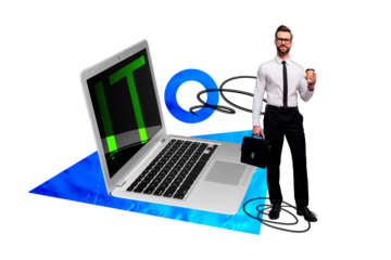 Creative collage young handsome businessman laptop digital device successful startup corporate employee gadget information technology