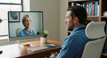 Male doctor talks with senior patient during telemedicine video call