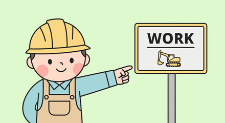 Obraz premium Smiling cartoon construction worker character in a yellow hard hat and brown overalls pointing towards a 'WORK' sign featuring an excavator icon, symbolizing labor and industry development