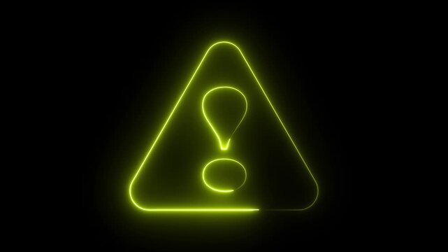 Neon warning attention icon animation glowing neon yellow color danger risk alert neon error stop signal problem sign symbol with black background