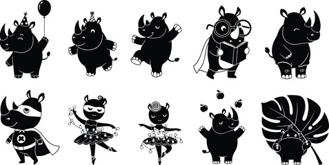 Cartoon rhinoceros illustration set, funny rhino character artwork, superhero rhino design, ballerina rhino graphic, playful animal mascot, humorous wildlife vector © Sabbir's World