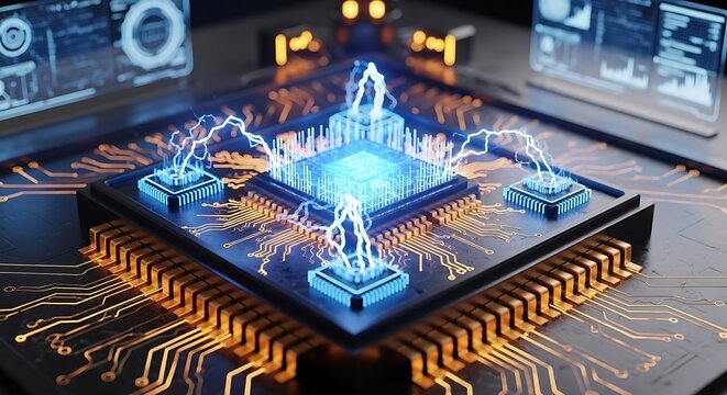 A detailed close-up view of a powerful computer processor, highlighted by vibrant blue electrical discharges.