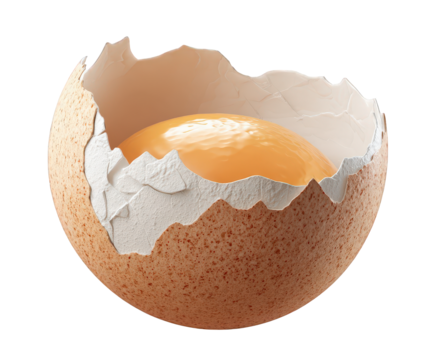A cracked brown eggshell with a vibrant, glistening egg yolk inside, isolated on a pure transparent background, showcasing the raw ingredients of a fresh breakfast