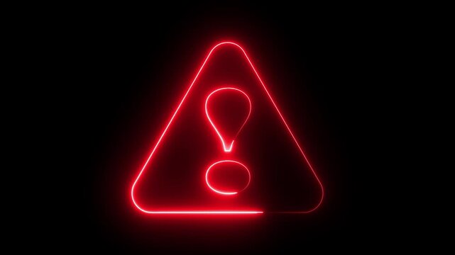 Neon warning attention icon animation glowing neon red color danger risk alert neon error stop signal problem sign symbol with black background