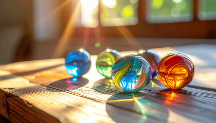 Close-up photo of colorful glass marbles, shiny reflective surfaces, placed on a wooden