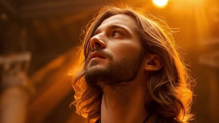 A contemplative man gazing upward in a sunlit cathedral, with warm light illuminating his face - Powered by Adobe