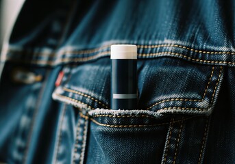 Blank product tube mockup in a blue denim jacket pocket
