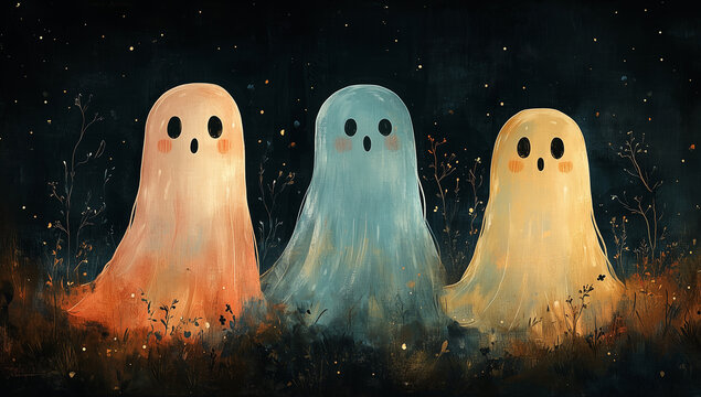 Three cute cartoon ghosts in a dark and starry night