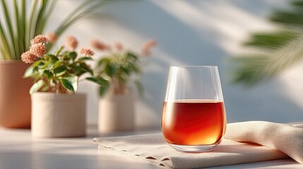 Elegant Glass of Red Wine Displayed with Textured Cloth and Potted Plants in Natural Light Aesthetic