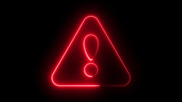 Neon warning attention icon animation glowing neon red color danger risk alert neon error stop signal problem sign symbol with black background