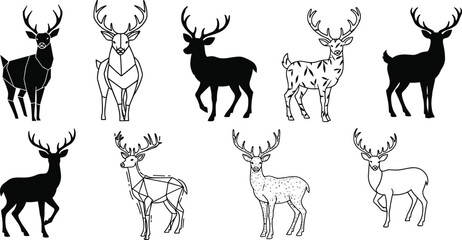Deer illustration collection, geometric deer vector, abstract animal artwork, silhouette deer design, sketch style deer graphic, line art woodland creature