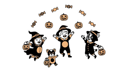Halloween fun: Playful children, dressed in costumes, frolic under a whimsical shower of candy and jack-o'-lanterns, creating a scene of cheerful delight and spooky excitement.