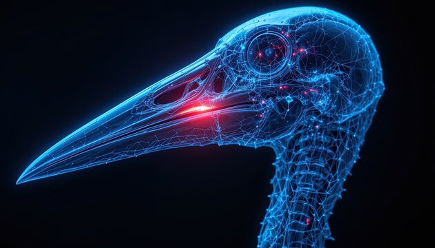 Futuristic bird head with glowing blue lines and red highlights creates a striking visual, perfect for technology, science, or abstract concepts