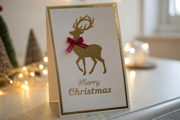 Gold Reindeer Silhouette on Christmas Card with Red Polka Dot Bow and Bokeh Lights greeting card isolated on a transparent background