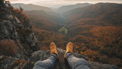 Person's Feet on Mountain Cliff Edge Overlooking Autumnal Valley
