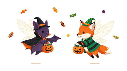 Halloween Fairies: Captivating cartoon illustration with a charming bat and fox fairies celebrating Halloween in playful costumes with a sweet treat.