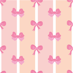 Coquette pattern. Seamless Pattern of Pink Bows on Stripes.