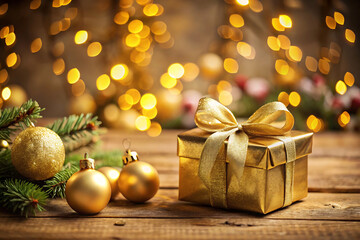 Golden Christmas gift box with ribbon and ornaments on a wooden table present isolated on a transparent background
