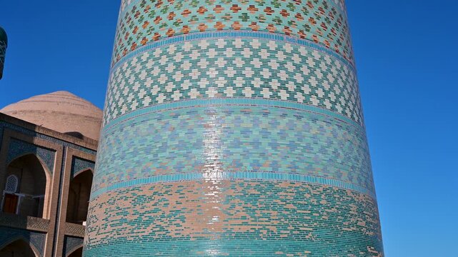 Looking up at the Kalta Minor Minaret in Khiva, Uzbekistan