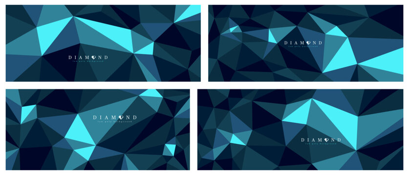 Diamond crystal dark polygonal vector abstract background set, 3D low poly black blue abstraction, triangular structure gemstone wallpaper, luxury theme.