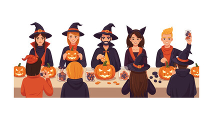 Halloween Pumpkin Carving Gathering: An illustration depicts a lively group of people engaged in the festive tradition of carving pumpkins. The scene captures the spirit of Halloween.