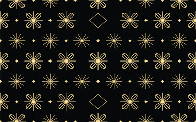 Flowers and geometric patterns align elegantly in a seamless, black background, creating an artistic texture