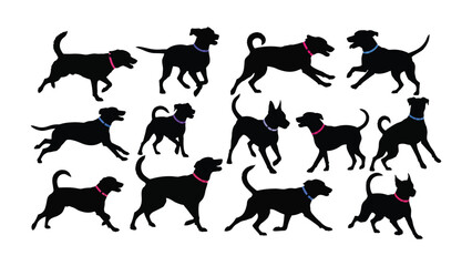 Dog Silhouette Variety: A collection of black dog silhouettes in various poses and activities, suitable for multiple design purposes.