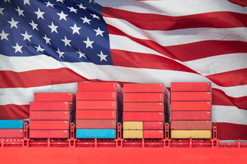 Concept of the US tariff trade war with cargo container ship in front of the American flag