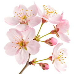 Fototapeta premium Delicate pink cherry blossom flowers and buds on a branch isolated on transparent background